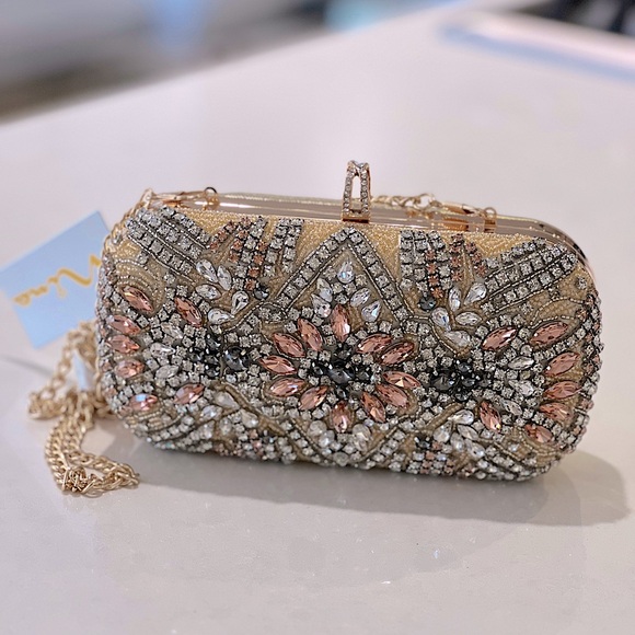 Nina Handbags - Nina Crystal Embellished Minaudiere Gelsey Clutch/Crossbody Chain Bag